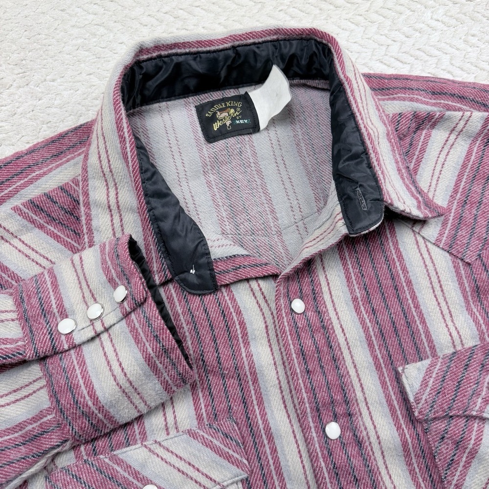 Saddle King Western Mens Pink Gray Striped Sleeve Pearl Snap Shirt Vtg 2XL Thick